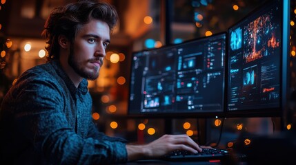 Young man wearing a hoodie, focused on coding at his desk with dual monitors, city lights in the background, night work, software development, intense concentration, programming, tech.