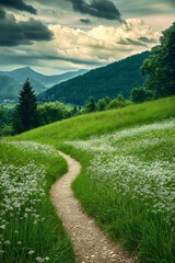 Wall Mural - Spring meadow bursts with flowers, nature path through rural field, white daisies and green grass create lush landscape, summer garden blossom in sunny environment