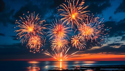 Vibrant fireworks lighting up the night sky and sea, showcasing natures beauty and excitement amidst colorful reflections and warmth