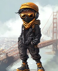 Wall Mural - Cool Cartoon Illustration of Stylish Urban Boy in Sunglasses and Face Mask