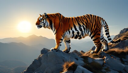 Majestic tiger basking in the sun on a mountain landscape