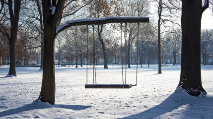 Snowy park swinging.