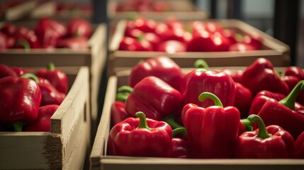 In the factory, vibrant red bell peppers are packaged in wooden market boxes. Produce area with fruit and vegetables.