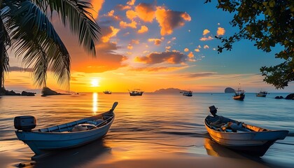 Serene Sunset Over Tropical Beach with Fishing Boats and Kayaking Adventures