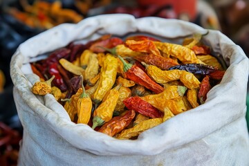 In a white bowl, orange and yellow dried chili peppers are arranged