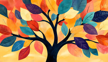 An abstract illustration of a tree with vibrant multicolored leaves