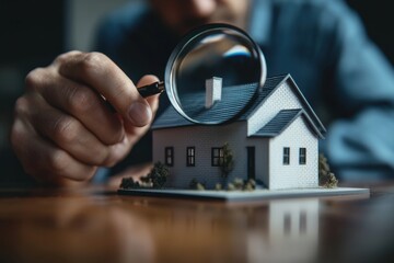 real estate agent using a magnifying glass on a house model on a table, a realtor examining a small-scale white miniature building for land sales or home inspection Generative AI