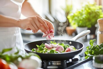 On a hot nonstick pan, place sliced onions on a mini round white utappam with your fingers