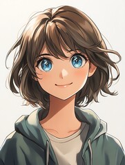 Wall Mural - Anime girl with brown hair and blue eyes smiling