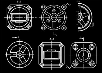 Canvas Print - Vector engineering drawing of steel mechanical 
parts with through holes. 
Industrial cad scheme on paper sheet. 
Technology background.