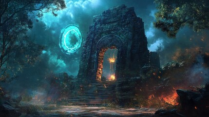 Ancient Stone Archway with Glowing Portal in a Mystical Forest Setting