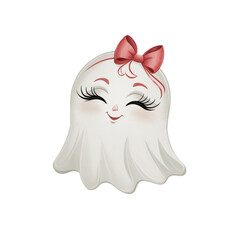 Wall Mural -  ghost with long eyelashes and a serene smile wears a red bow on its head.