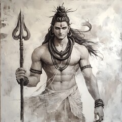 Wall Mural - Powerful Hindu God Shiva with Trishul illustration