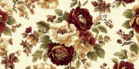 A vibrant floral pattern with large peony flowers in warm colors is ideal for creating a cozy atmosphere with home decor. AI.