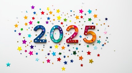 In the festive background, Happy New Year 2025 is surrounded by colorful stars on a white background. Close up of the number 2025 on a white background.