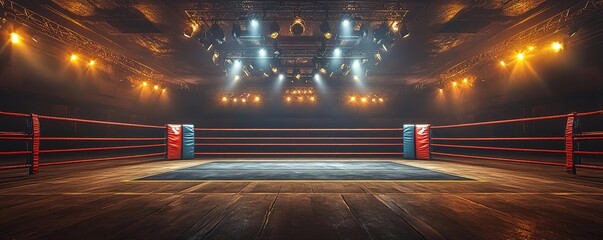 An empty boxing ring illuminated by dramatic lights, capturing the anticipation and energy of a thrilling match.