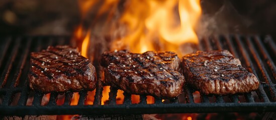 Canvas Print - Juicy Steaks Grilling on a Hot Grill