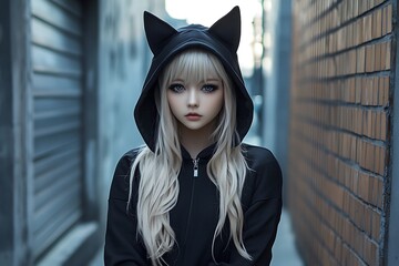 Sticker - Anime Girl with Cat Ears Hoodie in a Dark Alley