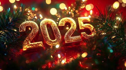 An exciting celebration of the new year of 2025 with golden numbers and green serpents