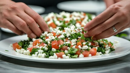 Wall Mural - In a close-up shot, a chef prepares a colorful and fresh vegetable salad, adding herbs and spices to enhance the presentation.