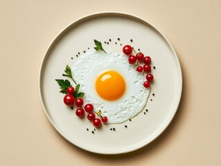 Wall Mural - Elegant White Dessert Plate with Fresh Berries, Fruit Puree, and Mint Garnish