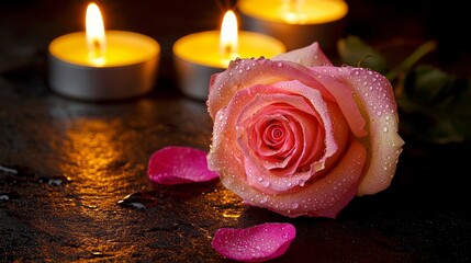 A pink rose sits elegantly next to glowing candles. Soft petals and dew drops create a romantic atmosphere.