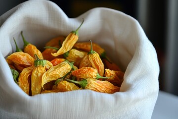 Yellow and orange dried chili peppers inside a white bowl