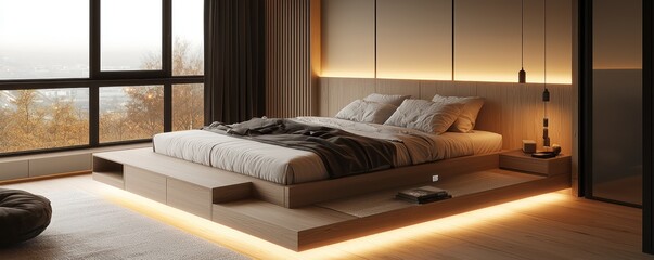 Wall Mural - Minimalist Scandinavian bedroom with a custom-designed floating bed frame, concealed storage, and soft, natural lighting