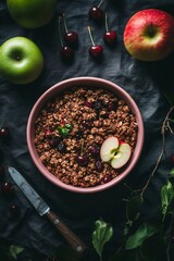 This breakfast is healthy and nutritious with granola, cherry and honey.