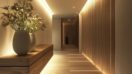 minimalist scandinavian corridor with a bespoke wooden console, discreet lighting, and soft, natural