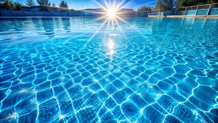 Sun shining on a clear blue water swimming pool surrounded by trees and vegetation