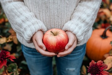 A boy holding a red ripe apple in his hands, close-up. Children's hands holding a red apple.