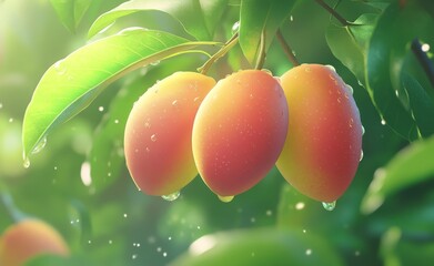 Watercolor tropical exotic fruit organic food illustrations of mangoes on a jungle background