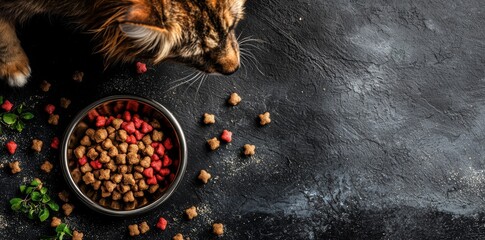 This picture shows a kitten enjoying tasty kibble from a sleek bowl. A perfect image for animal lovers or pet-related content.