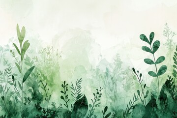 Stylish nature concept illustrated with a watercolor cotton wallpaper in grassy emerald color, featuring grass green natural shapes and colorful painted gradients with ethnic motifs