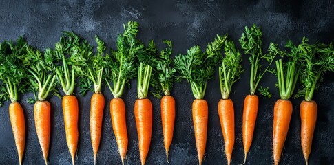 A line of fresh vibrant carrots displays on a dark background. This image is ideal for culinary blogs and healthy eating promotions.