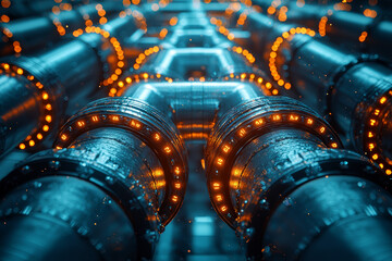 Wall Mural - A maze of interconnected pipes filled with flowing data streams, depicting the complex data networks supporting modern business. Concept of data management.