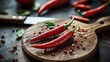 © Halina Berah - This photo shows a vibrant red chili pepper resting on a rustic wooden cutting board, which is glistening with moisture after being freshly washed, with a sharp knife behind it