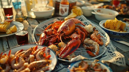 Seafood boil spread on a newspaper-covered table.