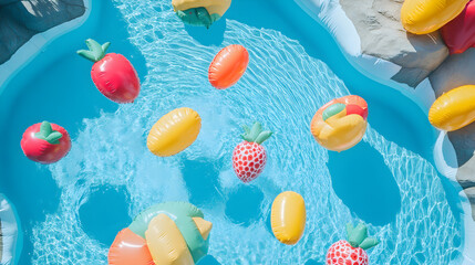 Colorful pool floats in shape of fruits in swimming pool
