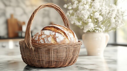 Wall Mural - Stock photo of a kitchen table with wicker plate on which homemade bread rests against an interior background.