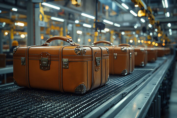 Poster - A factory assembly line producing briefcases and suits, highlighting the manufacturing side of corporate business. Concept of industry.