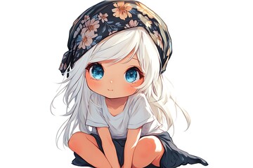 Sticker - Cute anime girl with white hair and blue eyes in floral headscarf