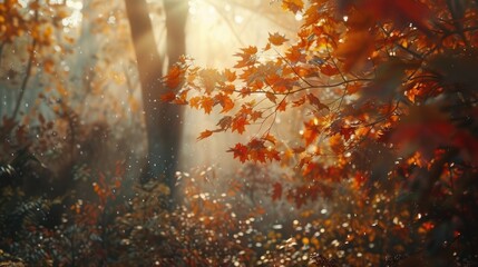 Sunlight filtering through colorful autumn leaves in a dense forest.