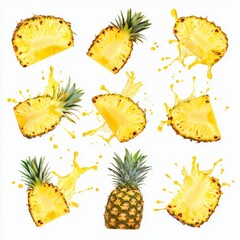 Fruit cut-outs of fresh pineapple splashed with juice