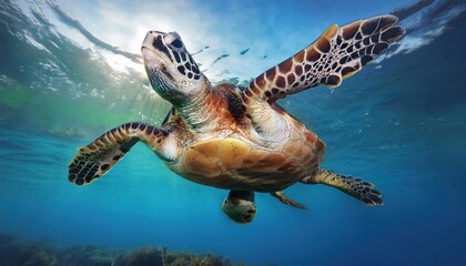 a turtle swims in the clean clear water. beautiful underwater world.