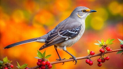 Wall Mural - Vibrant Northern Mockingbird Perched on a Branch in Arkansas Natural Habitat, Captivating Wildlife Scene