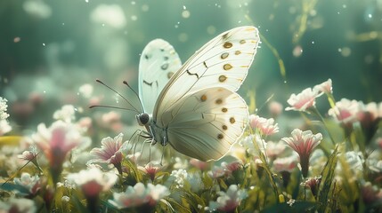 Sticker - White Butterfly on a Field of Flowers - Nature Photography