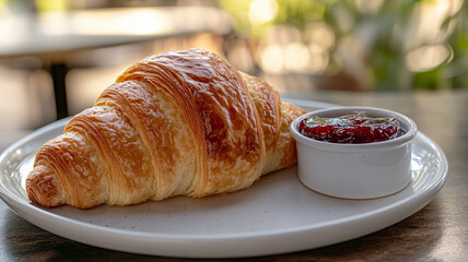 A croissant with a small dish of jam on a plate