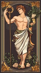 Illustration of a Greek God with a Staff and Flowers in an Art Nouveau Style Frame